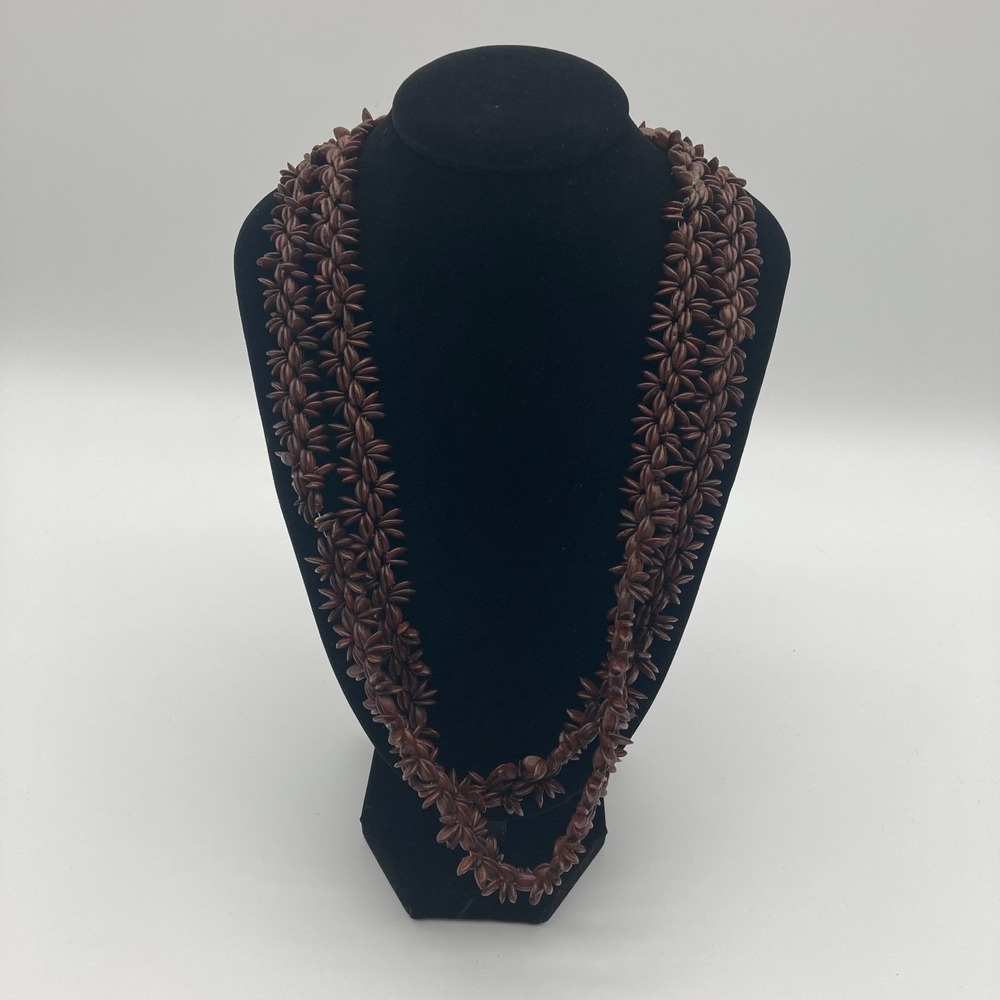 Vintage Real Apple Seed Lei Necklace Long Woven Star Cluster Boho Tiki 50"